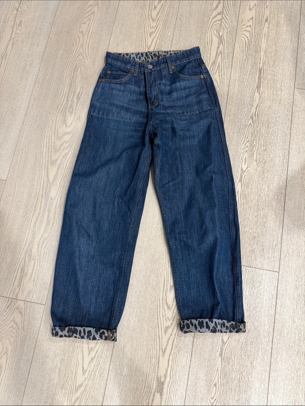 Re/Done Dark Blue Boyfriend Jeans with Leopard Cuff